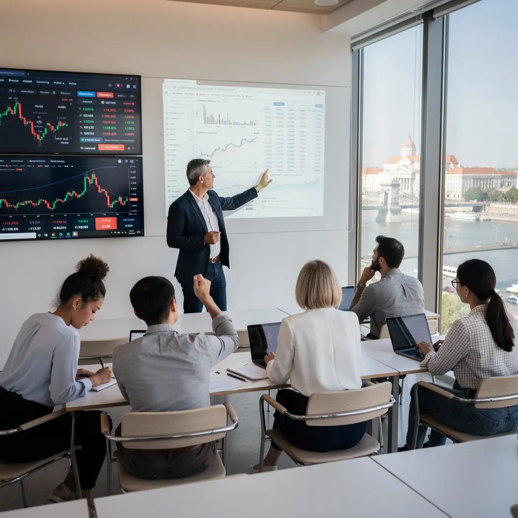 Befektetési oktatás, ahol diákok tanulnak a részvények és devizák kereskedelméről.