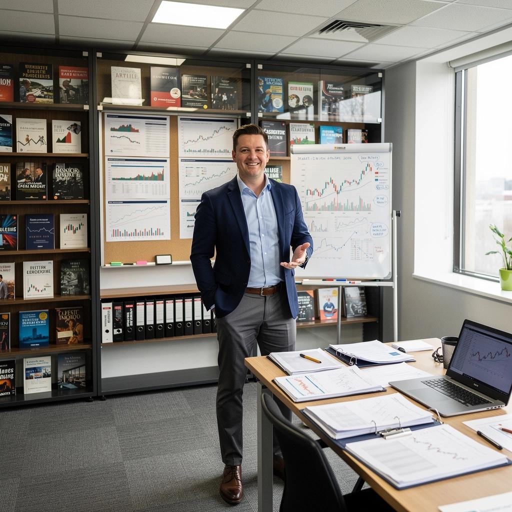 Csoportos tanulás a pénzügyi befektetésekről egy modern tanteremben.